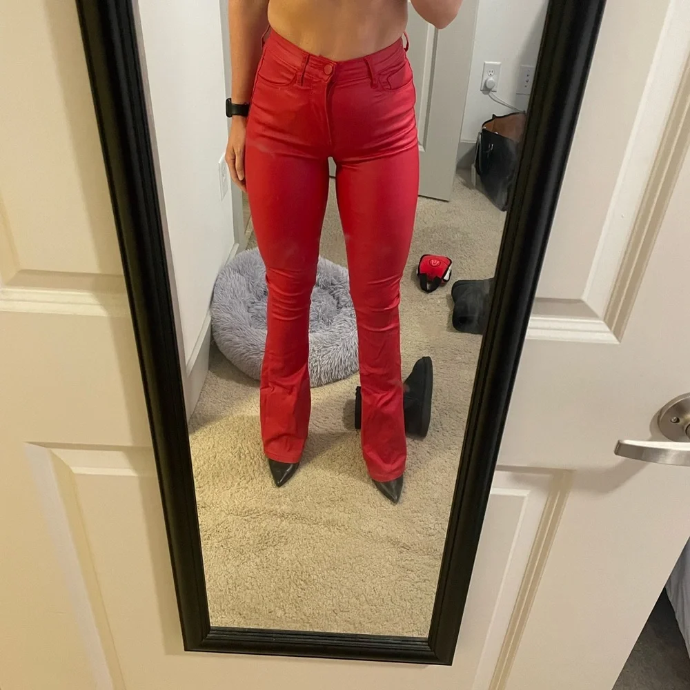 Red faux leather coated flare jeans Edikted XS new with tags